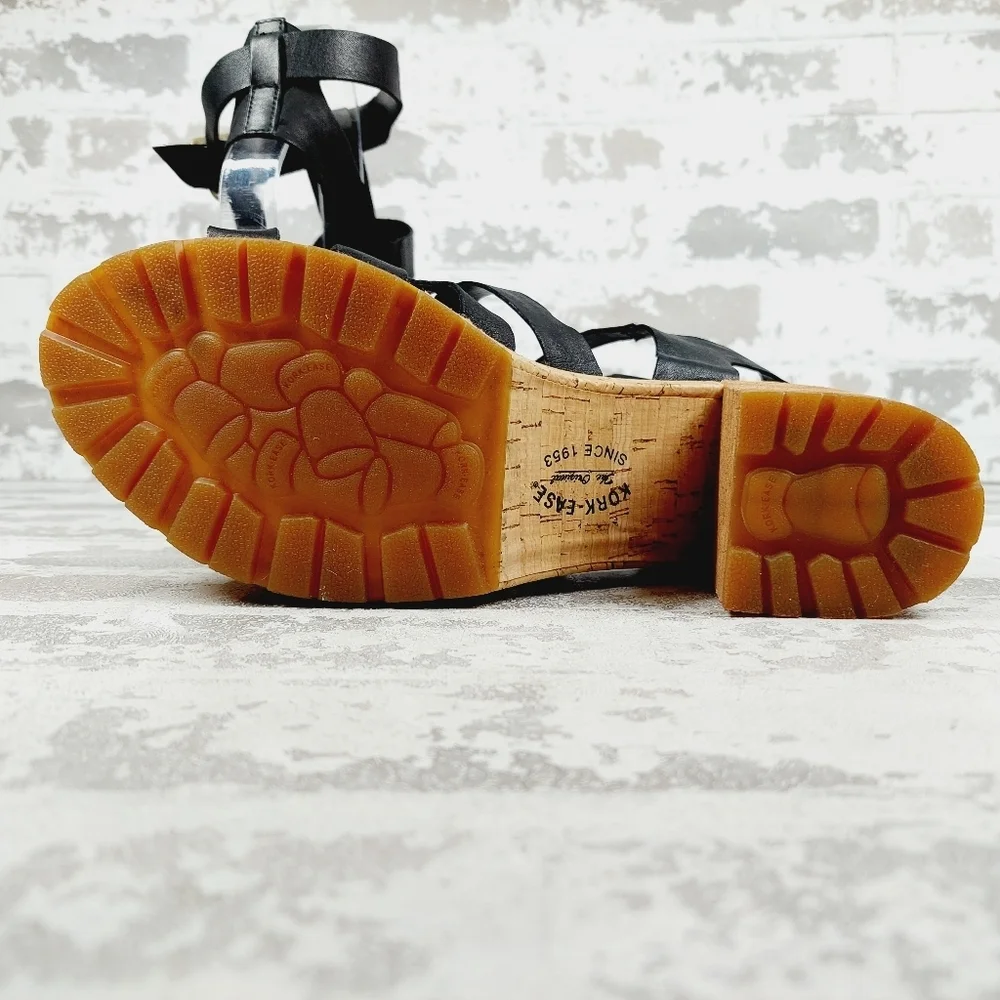 NEW Kork-Ease Camille Black Leather Block Heel Wedge Sandals E1014